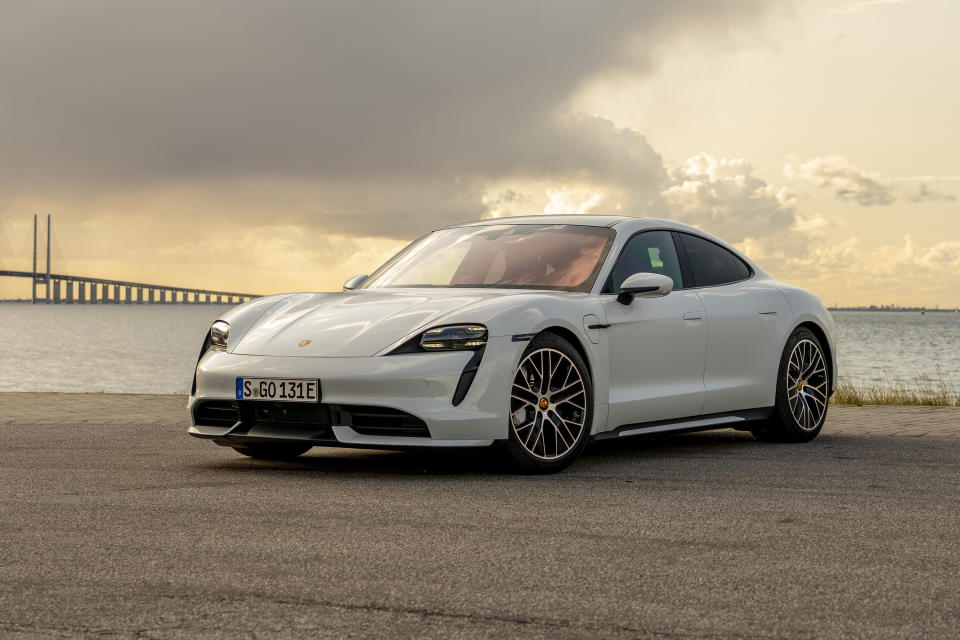 This undated photo provided by Porsche shows the 2020 Porsche Taycan, Porsche's first all-electric car. (Manuel Hollenbach/Porsche Cars North America via AP)