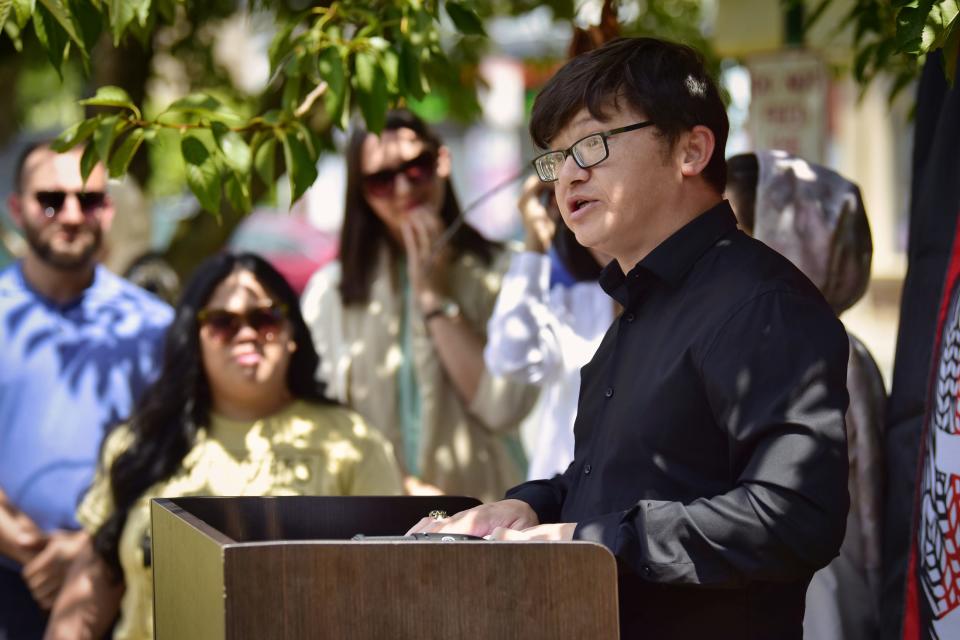 Mohammad Wazi, 40, who came to the US as a refugee on September 3, 2021, speaks during the press conference for marking one-year since the fall of Kabul, hosted by NJ Coalition for Afghan Refugees in Paterson, Sunday on 08/14/22.