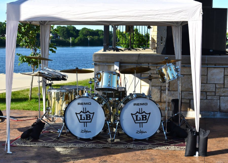 Duffee’s drum set, once owned by Bellson, set up at the Rock Falls amphitheater.