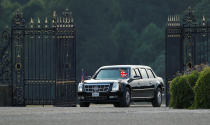 <p>President Donald Trump and first lady Melania Trump arrive in their presidential limousine at Blenheim Palace, where they are attending a dinner with British Prime Minister Theresa May, other specially invited guests and business leaders, near Oxford, Britain, July 12, 2018. (Photo: Peter Nicholls/Reuters) </p>