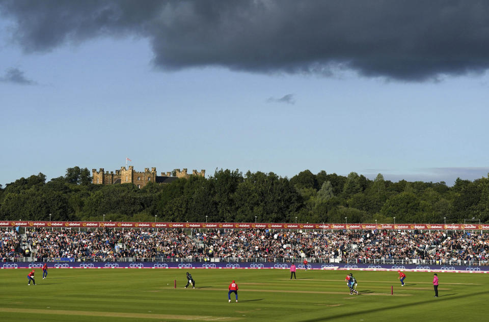 A view of play, during the first IT20 cricket match between England and New Zealand, at the Seat Unique Riverside, in County Durham, England, Wednesday, Aug. 30, 2023. (Owen Humphreys/PA via AP)