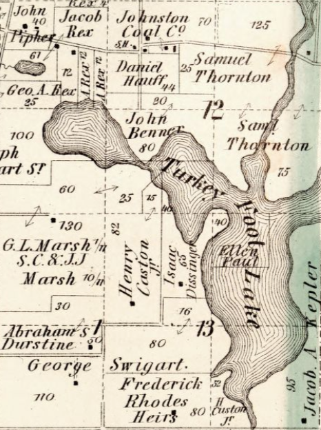 Turkeyfoot Lake, then known as Turkey Foot Lake, is featured in an 1874 Summit County atlas.