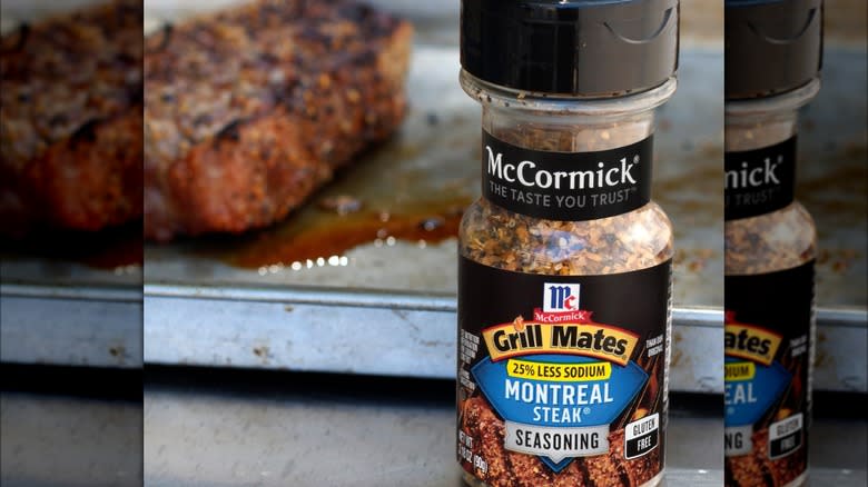 McCormick Grill Mates Montreal seasoning with steak in background