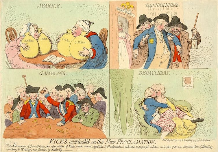 A cartoon showing different royals as different sins.