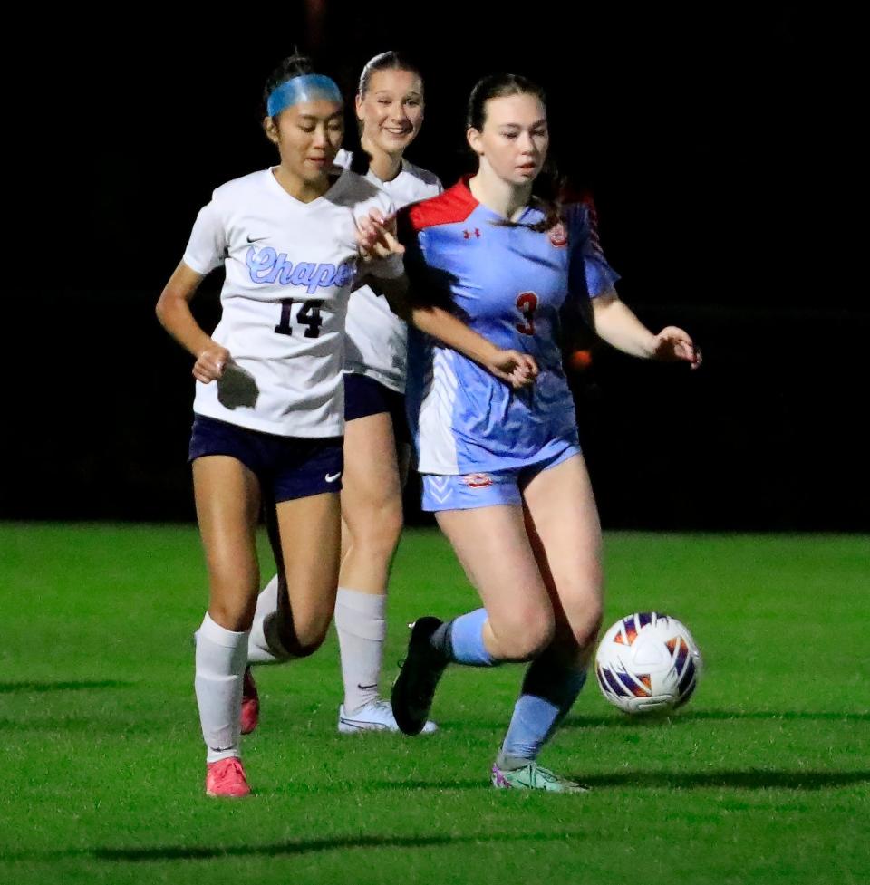 Seabreeze’s (3) Annabel Thistle defends the ball during the regional quarterfinals against Wesley Chapel on Tuesday, Jan.13, 2024 at Ormond Beach Sports Complex.