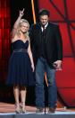 NASHVILLE, TN - NOVEMBER 01: Miranda Lambert and Blake Shelton accept the award for Song of the Year during the 46th annual CMA awards at the Bridgestone Arena on November 1, 2012 in Nashville, United States. (Photo by Jason Kempin/Getty Images)