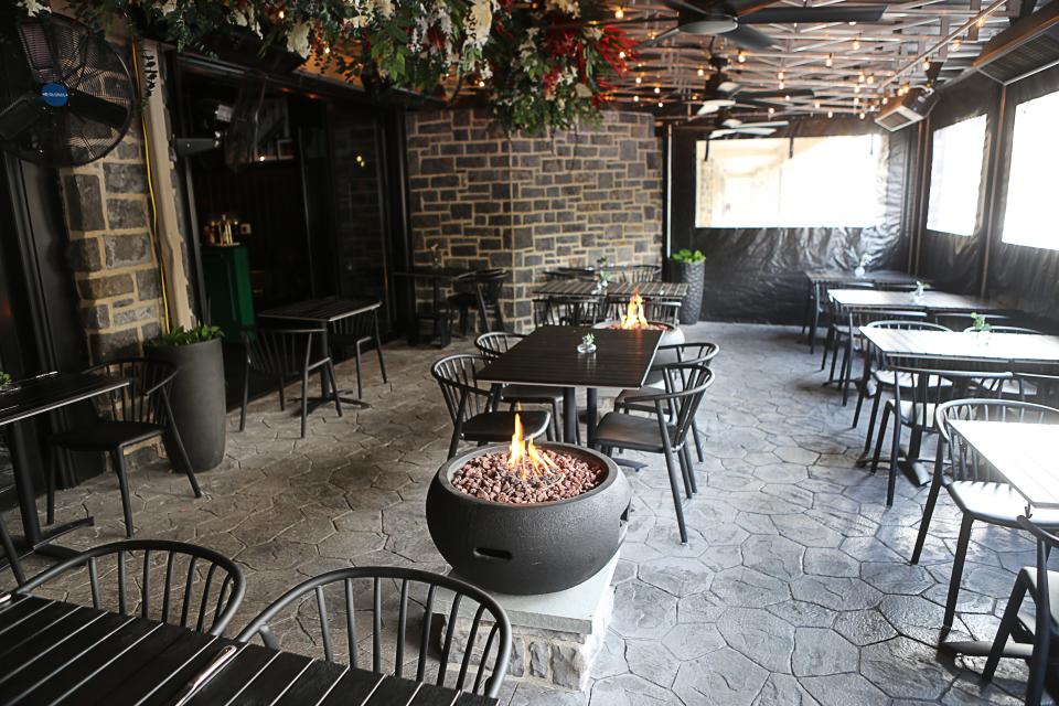 The enclosed outdoor patio at Bar Reverie in Greenville includes two fire pits.