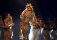 <p>Beyonce sings two songs off her 2016 album Lemonade, “Love Drought” and “Sandcastles,” in what was her first public appearance since announcing that she was pregnant with twins. </p>