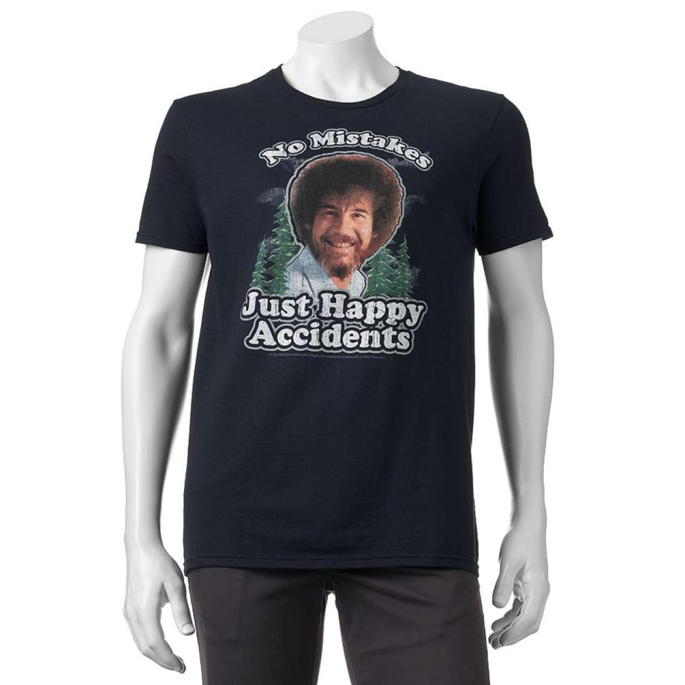 <p>Bob Ross “No Mistakes, Just Happy Accidents” Tee, $15, <a href="http://www.kohls.com/product/prd-2449765/mens-bob-ross-no-mistakes-just-happy-accidents-tee.jsp" rel="nofollow noopener" target="_blank" data-ylk="slk:available at Kohls;elm:context_link;itc:0;sec:content-canvas" class="link ">available at Kohls</a>. <br></p><p><br></p><p><br></p><p><br></p>