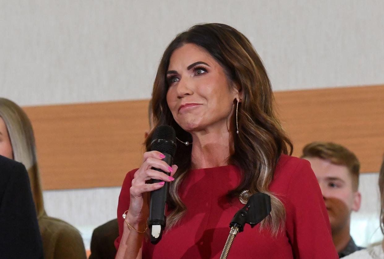 Governor Kristi Noem speaks after winning the gubernatorial primary at an election night watch party on Tuesday, June 7, 2022, at the Hilton Garden Inn in Sioux Falls.