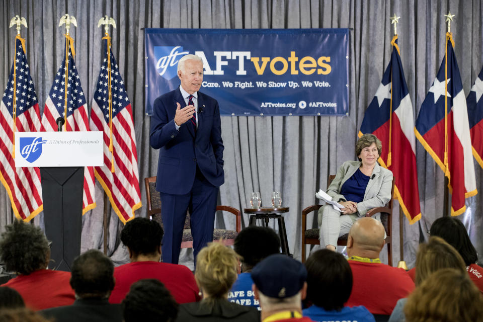 Former Vice President Joe Biden, a 2020 Democratic presidential hopeful, speaks during a town all meeting with a group of educators from the American Federation of Teachers on Tuesday, May 28, 2019, in Houston. (Brett Coomer/Houston Chronicle via AP)