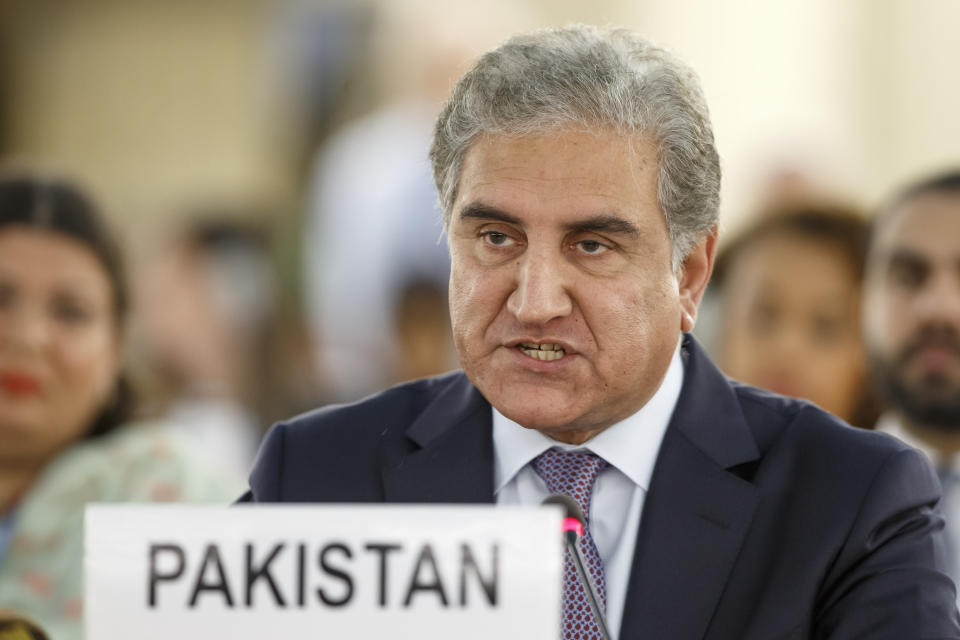 Pakistan's Foreign Minister Shah Mehmood Qureshi makes a statement during the 42nd session of the Human Rights Council at the European headquarters of the United Nations in Geneva, Switzerland, Tuesday, Sept. 10, 2019. (Salvatore Di Nolfi/Keystone via AP)