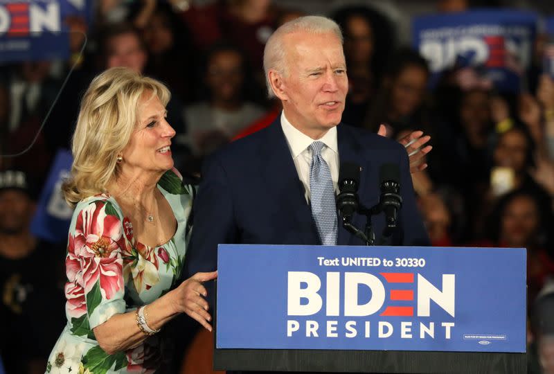 Democratic U.S. presidential candidate and former Vice President Joe Biden addresses supporters at his South Carolina primary night rally in Columbia, South Carolina, U.S.