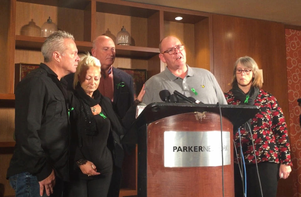 Left to right: Bruce Charles and Charlotte Charles (Harry's mother), lawyer Radd Seiger, Tim Dunn (Harry's father) and Tracey Dunn at a press conference in New York (Picture: PA)