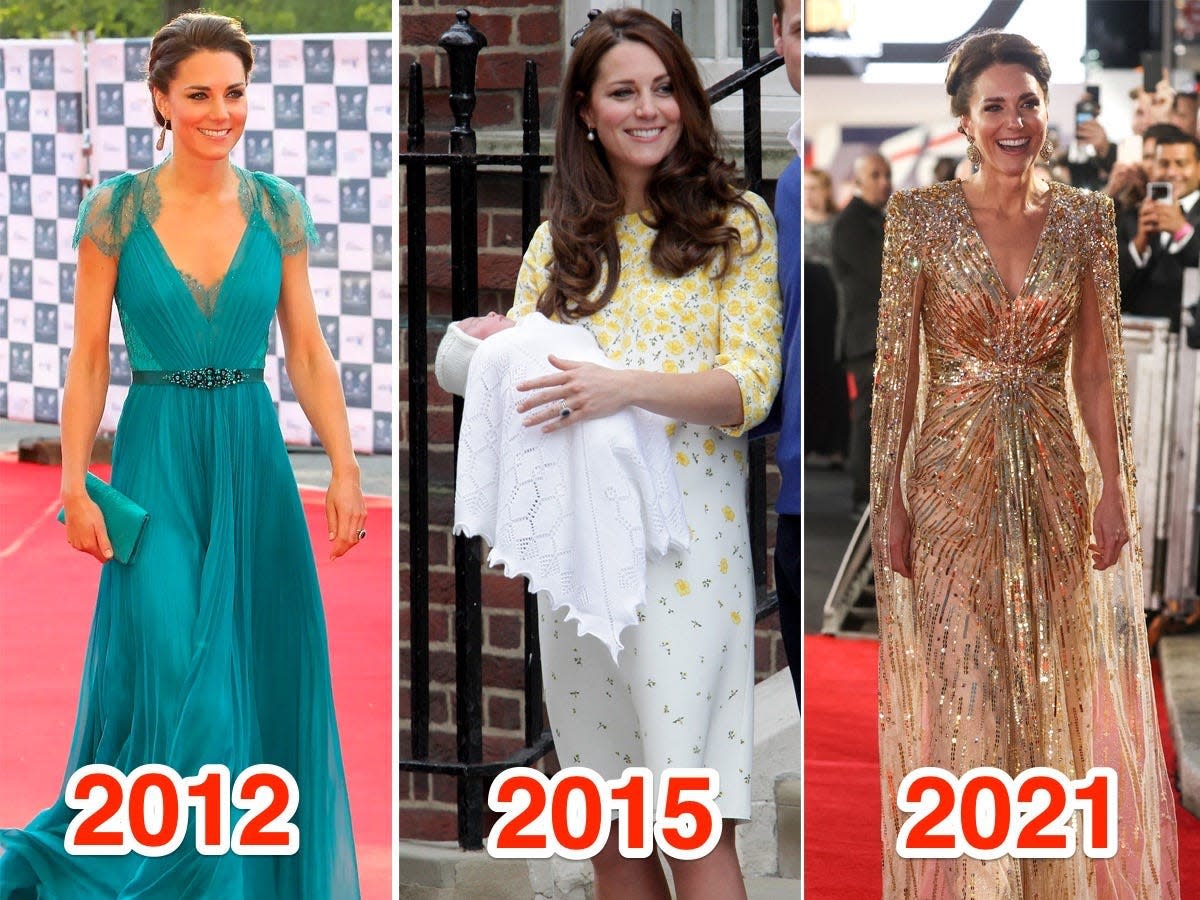 Three photos of Kate Middleton in Jenny Packham dresses.