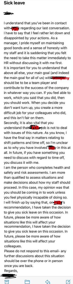 A manager's email saying they are the one assessing health and risk, not HR