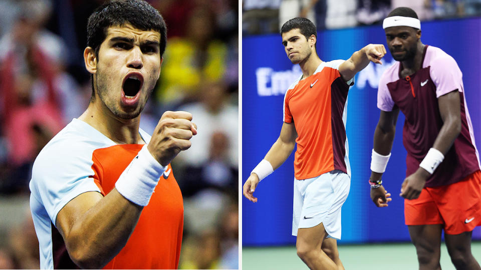 Carlos Alcaraz celebrates his victory over Frances Tiafoe, pointing for the crowd to applaud his opponent.