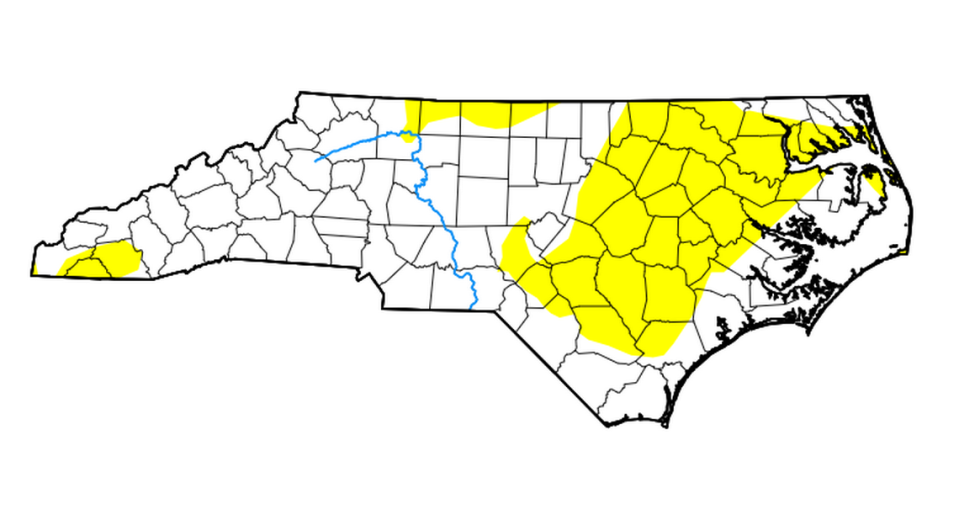 The drought map released May 9 shows more than 35% of North Carolina is abnormally dry. Most of the dry areas, shown in yellow, will get rain this week, forecasters say.