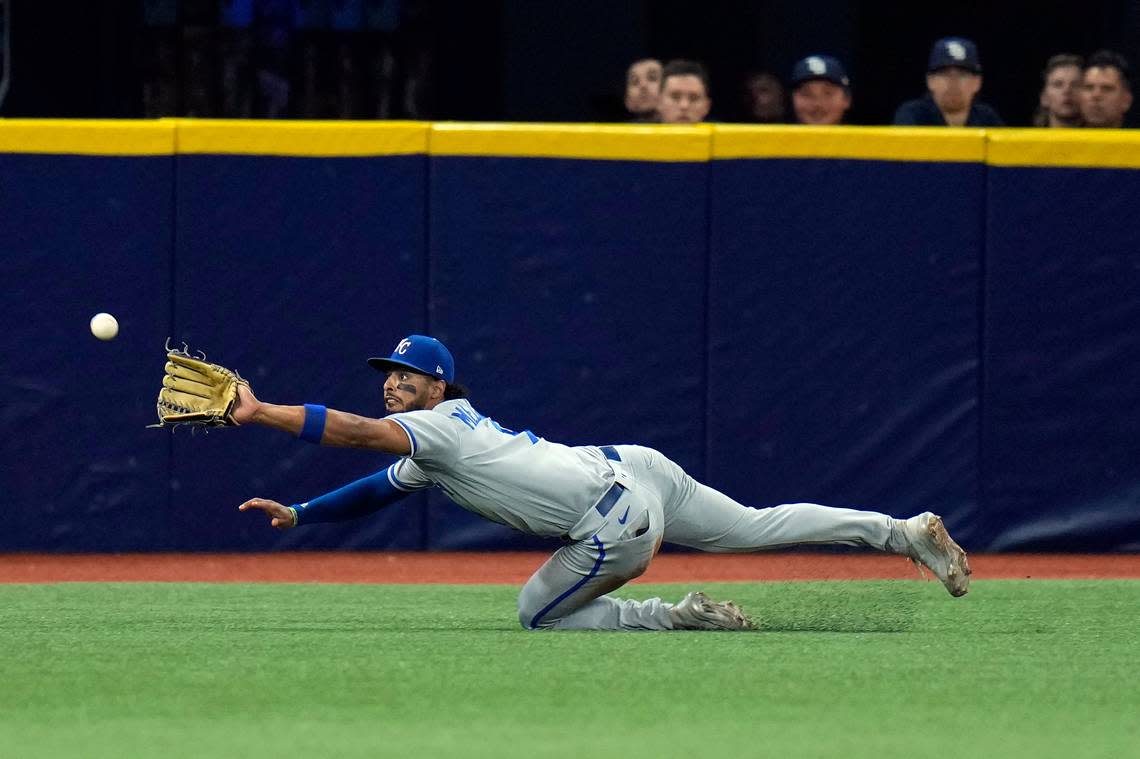 Kansas City Royals left fielder MJ Melendez makes a diving catch on a fly out by Tampa Bay Rays’ Francisco Mejia during the 10th inning of a baseball game Friday, Aug. 19, 2022, in St. Petersburg, Fla. (AP Photo/Chris O’Meara)