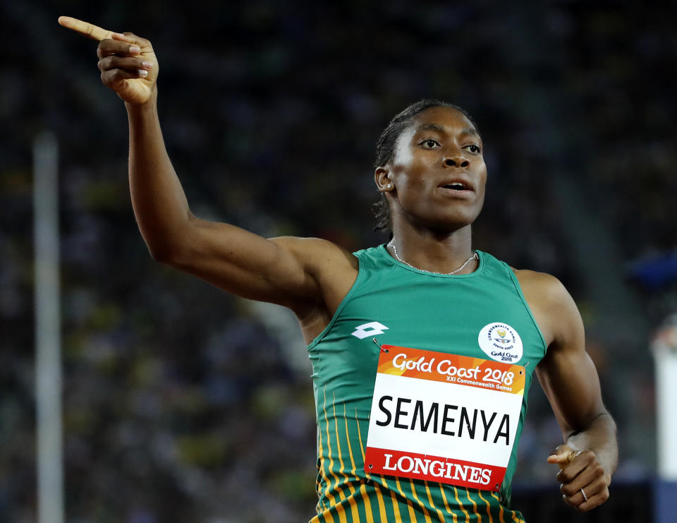 FILE - In this April 13, 2018, file photo, South Africa's Caster Semenya celebrates after winning the woman's 800m final at Carrara Stadium during the 2018 Commonwealth Games on the Gold Coast, Australia. Champion runner Caster Semenya has won what might turn out to be a landmark legal victory. The European Court of Human Rights has decided she was discriminated against by sports rules that force her to medically reduce her natural hormone levels if she wants to compete in major competitions. (AP Photo/Mark Schiefelbein, File)