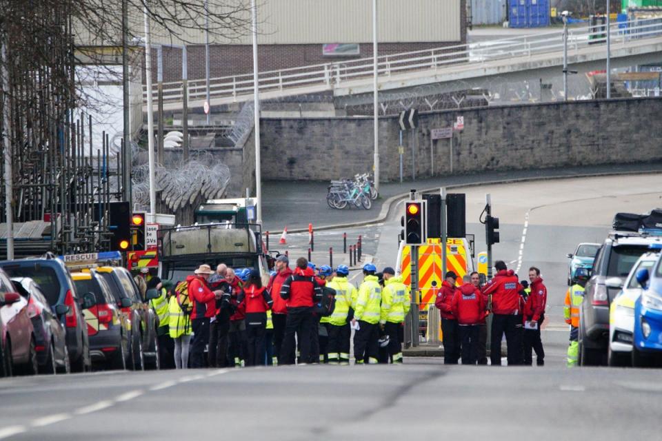 Emergency workers gather in Albert Road near to the Torpoint Ferry crossing in Plymouth (PA) (PA Wire)
