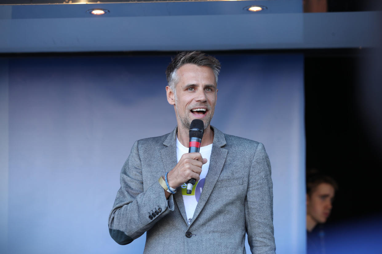 Richard Bacon addresses Anti-Brexit campaigners at a rally after the People's Vote March for the Future in London, a march and rally in support of a second EU referendum. (Photo by Yui Mok/PA Images via Getty Images)