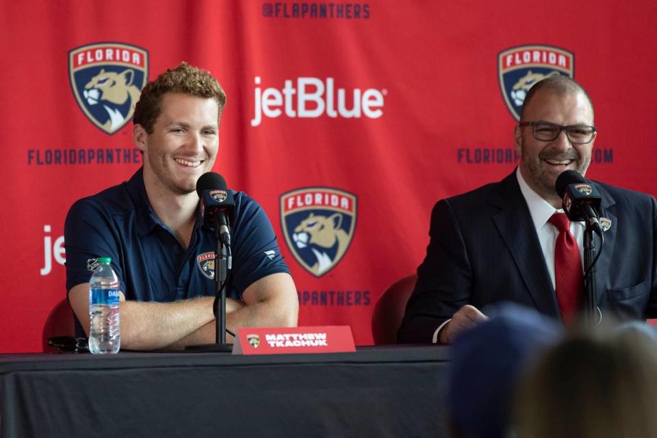 Forward Matthew Tkachuk (left) and Florida Panthers General Manager Bill Zito speak at a Florida Panthers introductory press conference at FLA Live Arena in Sunrise, Florida on Monday, July 25, 2022.