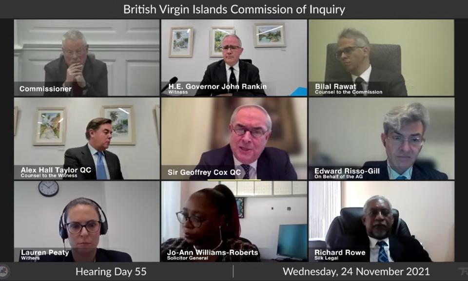 A screenshot of the British Virgin Islands Commission of Inquiry featuring Sir Geoffrey Cox (PA)