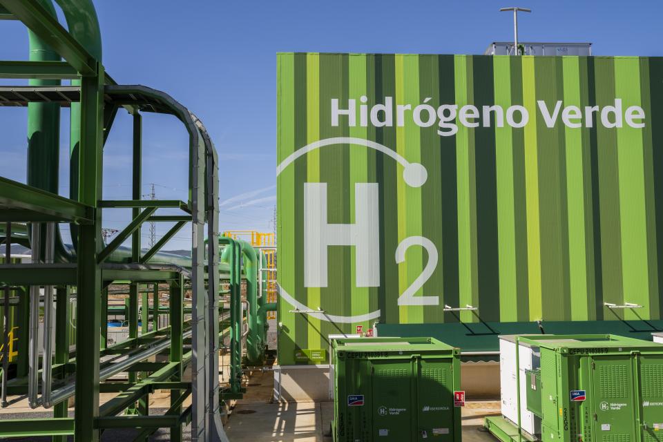 The Iberdrola green hydrogen plant sits in Puertollano, central Spain, Tuesday, March 28, 2023. Spain wants to be a world leader in the production of "green" hydrogen, created exclusively from renewable energy drawn from its plentiful sun and wind. (AP Photo/Bernat Armangue)