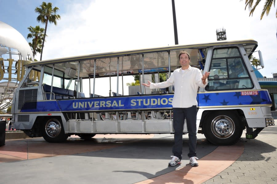 Actor Jimmy Fallon performs the new Universal Studio Tour theme song at Universal Studios Hollywood on June 2, 2011 in Universal City, California. (Photo by John Shearer/WireImage)