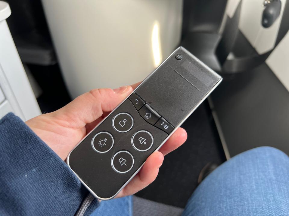 Flying on La Compagnie all-business class airline from Paris to New York — the remote.