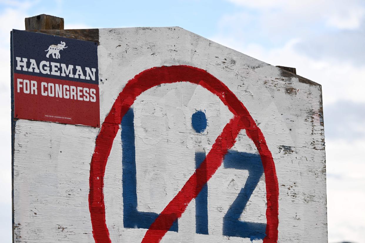 A hand-painted sign stands in opposition to US Representative Liz Cheney (R-Wyo.) displayed on the side of a road along with the support of her Republican primary opponent Harriet Hageman in Casper, Wyoming, on August 14, 2022.