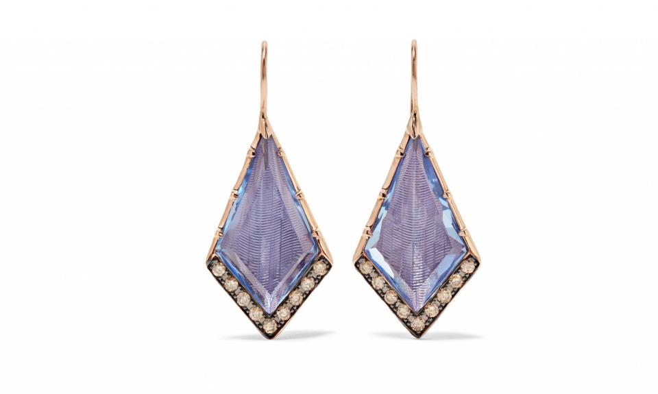 <p>Caprice 14 Karat Rose Gold Diamond and Quartz Earrings, $3,200, <a rel="nofollow noopener" href="https://www.net-a-porter.com/us/en/product/801452/Larkspur_and_Hawk/caprice-14-karat-rose-gold-diamond-and-quartz-earrings" target="_blank" data-ylk="slk:net-a-porter.com;elm:context_link;itc:0;sec:content-canvas" class="link ">net-a-porter.com</a> </p>