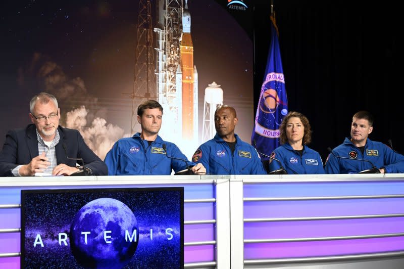 NASA Associate Administrator Exploration Systems, Jim Free (L) appears alongside the NASA Artemis II crew: Commander Reid Wiseman (L to R), Pilot Victor Glover, Mission Specialist Christina Koch and Jeremy Hansen, a mission specialist from the Canadian Space Agency. Photo by Joe Marino/UPI