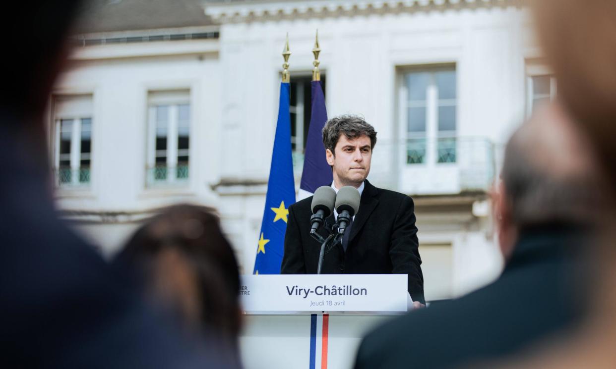 <span>Gabriel Attal was speaking in Viry-Châtillon, where a boy was beaten and killed this month.</span><span>Photograph: Mathilde Mazars/Sipa/Rex/Shutterstock</span>