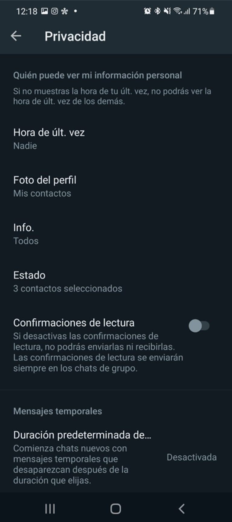 La hora de última conexión, foto de perfil, información y estado pueden restringirse en Whatsapp