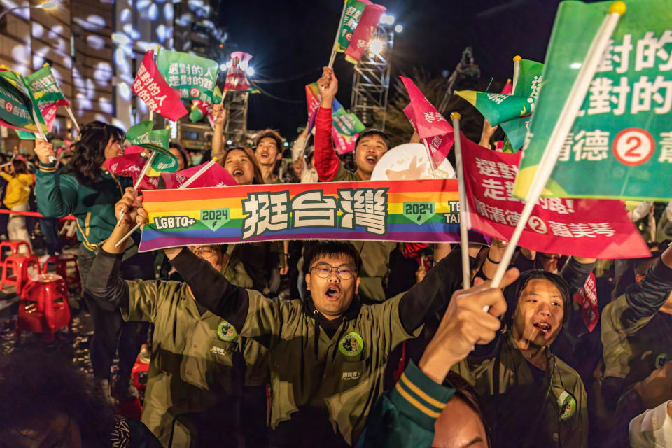 MEIHUA VILLAGE, TAIPEI, TAIWAN - 2024/01/13: Supporters cheer after the presidential election result came out Lai Ching-te from the Democratic Progressive Party (DPP) won the Taiwan Presidential Election 2024, elected with 40.05% of votes and becoming the 16th President, succeeding current DPP president Tsai Ing-wen, continuing DPP 12th year as ruling party. Lai's inauguration will be on 20 May 2024.
Democratic Progressive Party (DPP) held a massive rally as supporters waited and celebrated for the election result in Taipei. (Photo by Alex Chan Tsz Yuk/SOPA Images/LightRocket via Getty Images)