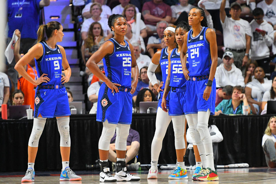 Connecticut Sun players look on in the fourth quarter of Game 2 of the first round of the 2023 WNBA Playoffs against the Minnesota Lynx on Sept. 17, 2023, at Mohegan Sun Arena in Uncasville, Connecticut. (Photo by Erica Denhoff/Icon Sportswire via Getty Images)