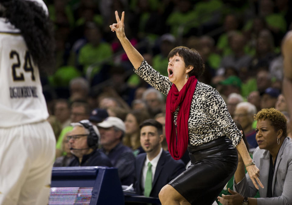 Notre Dame head coach Muffet McGraw yells a play to players during the first half of an NCAA college basketball game against Connecticut Sunday, Dec. 2, 2018, in South Bend, Ind. (AP Photo/Robert Franklin)