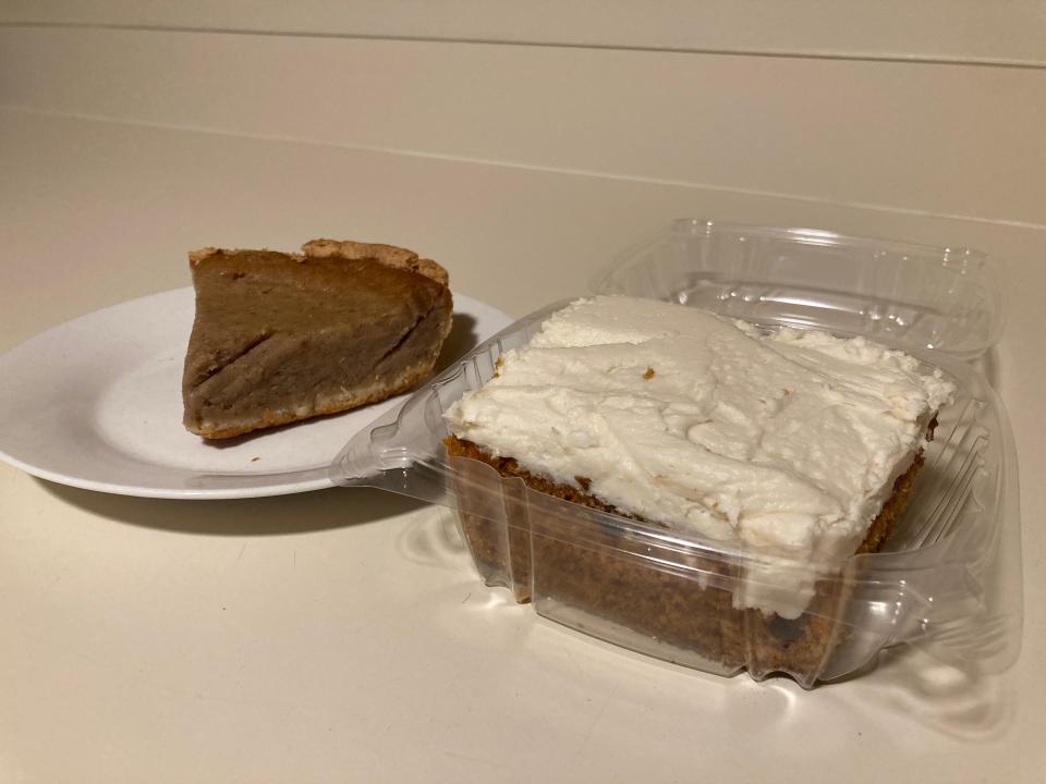Navy bean pie and scrumptious carrot cake are served at EbboNique's Bake'Arie at the Route 162 Food Park on Copley Road.