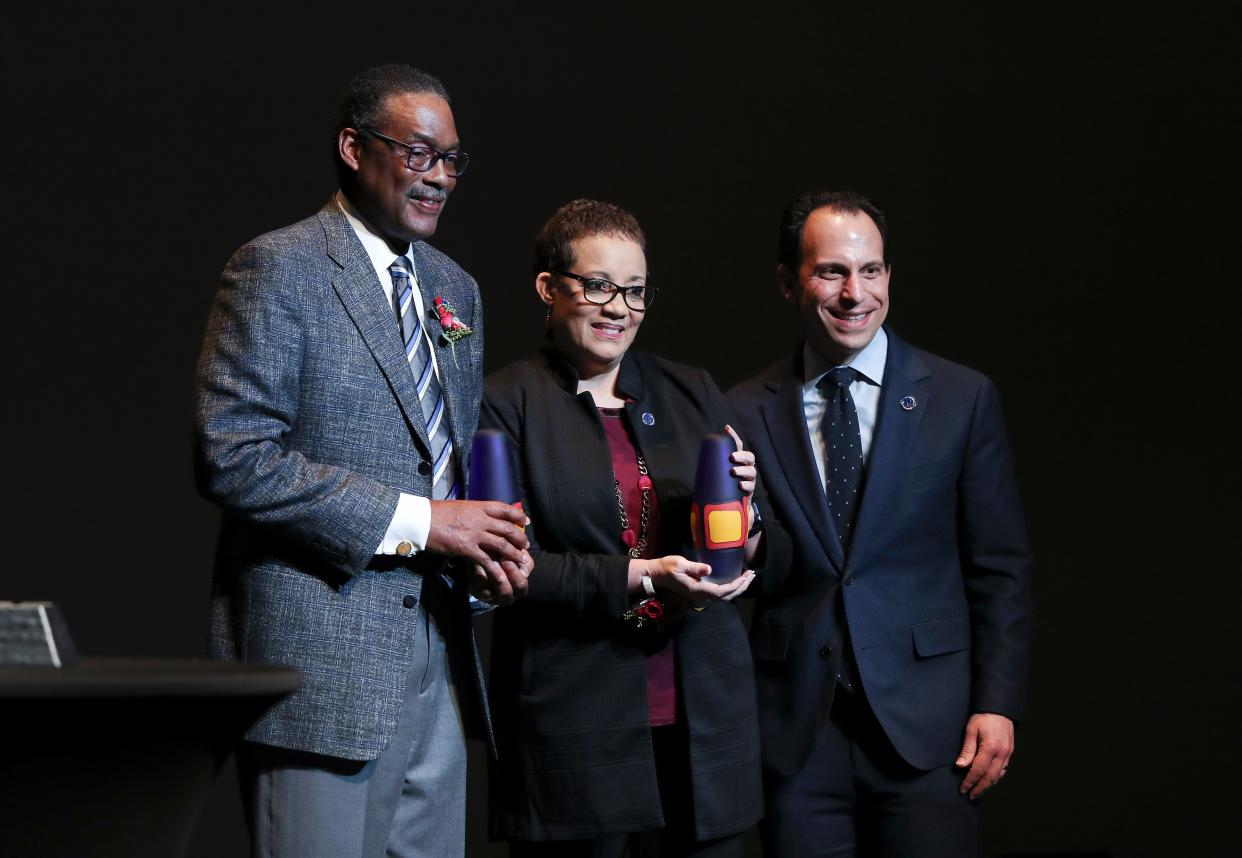 Mayor Craig Greenberg, right, presented the Freedom Award to local WAVE 3 News anchor Dawne Gee, center, and businessman Junior Bridgeman during the Keepers of the Dream:  A Community Arts Celebration of Dr. King's Vision inside the Whitney Hall at the Kentucky Center in Louisville, Ky. on Jan. 15, 2023.  The event recognized the legacy of Dr. Martin Luther King Jr. ahead of the national holiday in his honor.