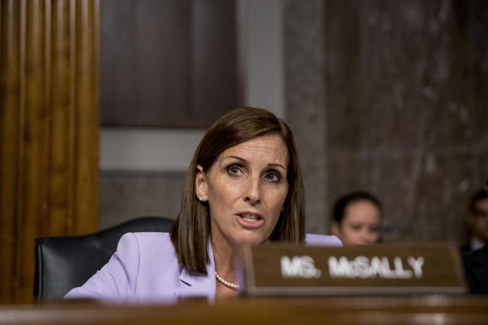 FILE - In this July 30, 2019, file photo, Sen. Martha McSally, R-Ariz., speaks during a hearing on Capitol Hill in Washington. The Republican in the U.S. Senate and a Democrat in the House of Representatives have drafted bills to make domestic acts of terrorism a federal crime. "Domestic terrorism is in our backyard and we need to call it and treat it under the law the same as other forms of terrorism," said McSally, who intends to introduce legislation when Congress returns in September. (AP Photo/Andrew Harnik, File)