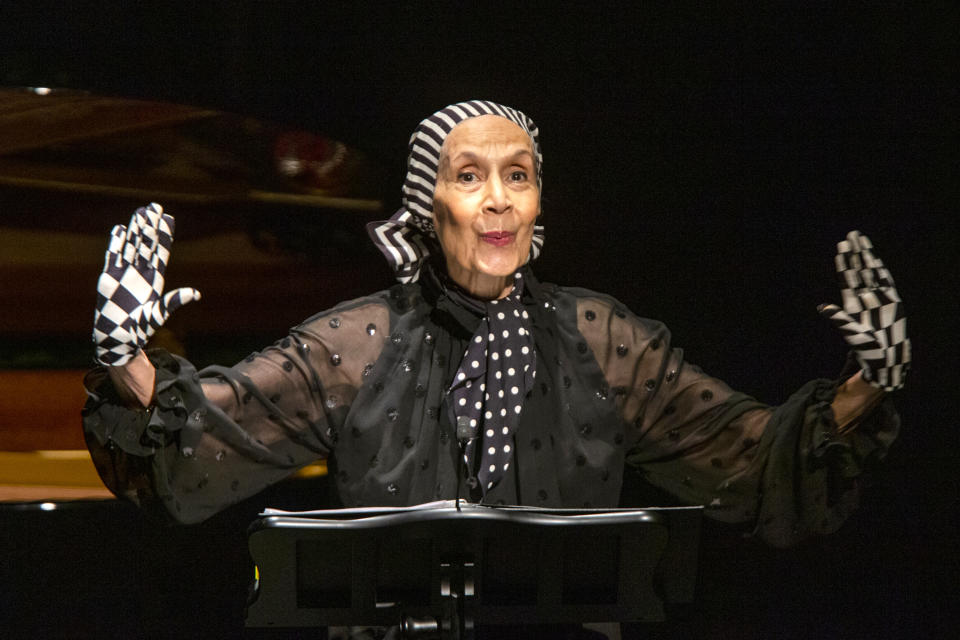 Carmen de Lavallade speaks to attendees during the memorial of late actress Diahann Carroll at the Helen Hayes Theater on Sunday, Nov. 24, 2019 in New York. (AP Photo/Eduardo Munoz Alvarez)