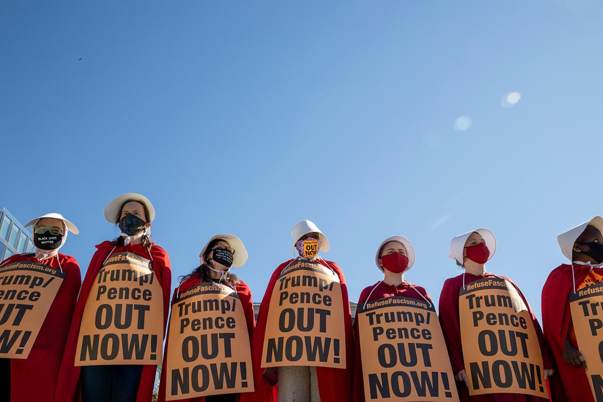 Thousands of women rallied in Washington DC as they urged voters to defeat Donald Trump and his Republican backers on election day. (Photo by Tasos Katopodis/Getty Images)