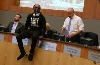 <p>Stevante Clark, brother of Stephon Clark, disrupts a special city council meeting at Sacramento City Hall on March 27, 2018 in Sacramento, Calif. Hundreds packed a special city council at Sacramento City Hall to address concerns over the shooting death of Stephon Clark by Sacramento police. (Photo: Justin Sullivan/Getty Images) </p>