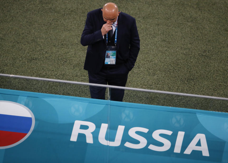 Russia's manager Stanislav Cherchesov during the Euro 2020 soccer championship group B match between Russia and Belgium at the Saint Petersburg stadium in St. Petersburg, Russia, Saturday, June 12, 2021. (Anton Vaganov/Pool via AP)