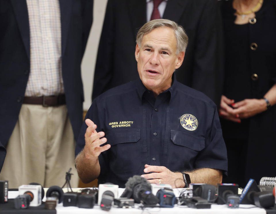 Texas Gov. Greg Abbott talks a mass shooting in Odessa during a news conference Sunday, Sept. 1, 2019, in Odessa, Texas. (Mark Rogers/Odessa American via AP)