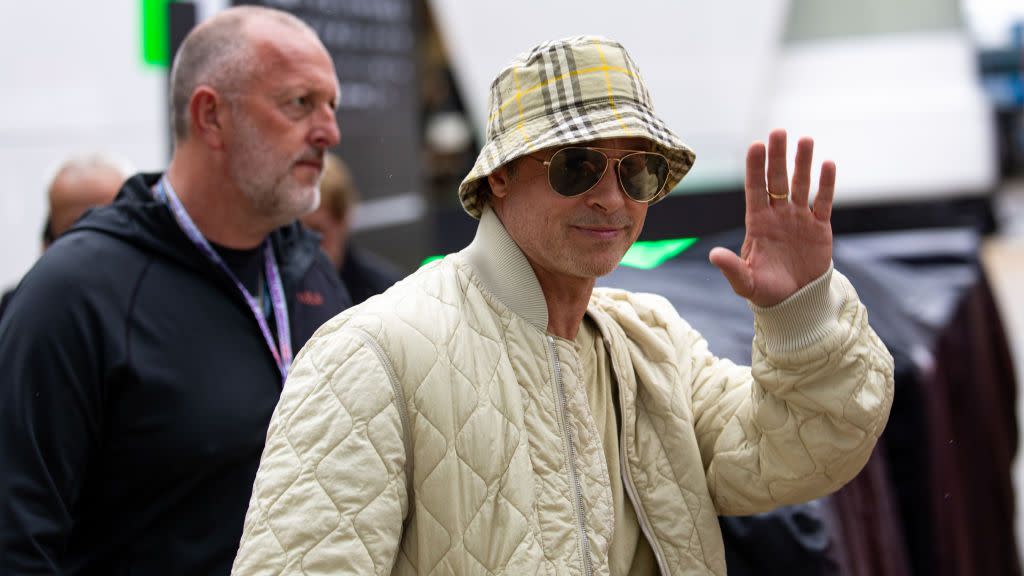 northampton, england july 5 brad pitt waves to onlookers in the f1 paddock during practice ahead of the f1 grand prix of great britain at silverstone circuit on july 5, 2024 in northampton, united kingdom photo by kym illmangetty images