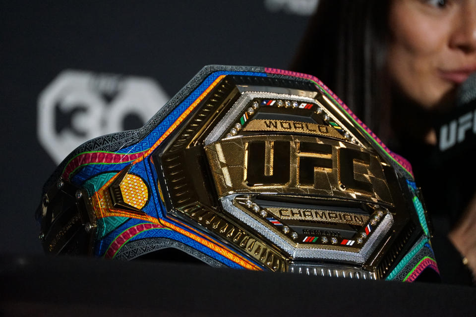 LAS VEGAS, NV - SEPT 13: Alexa Grasso's custom UFC belt on display at the media at the Noche UFC media day on September 13, 2023, at the UFC APEX in Las Vegas, NV. (Photo by Amy Kaplan/Icon Sportswire via Getty Images)