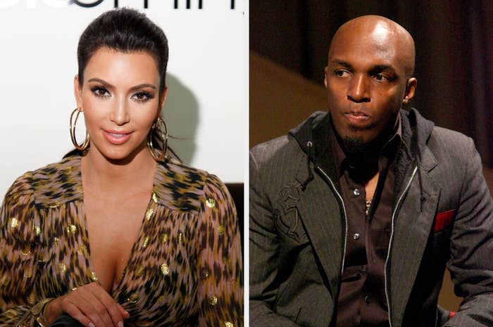 Kim Kardashian in a patterned dress; person in a suit with a red pocket square